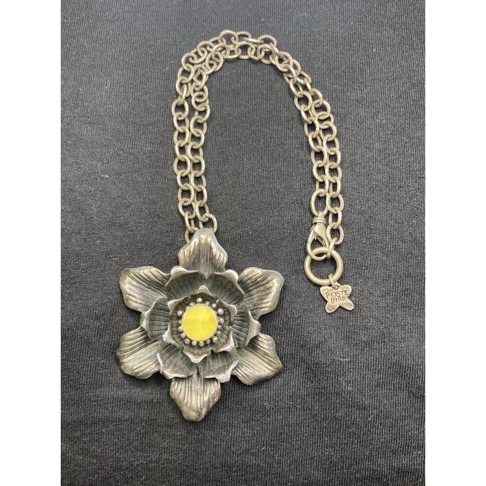 VTG Peyote Bird 925 Sterling Lotus Flower Yellow Stone Pendant Necklace 15.5 in